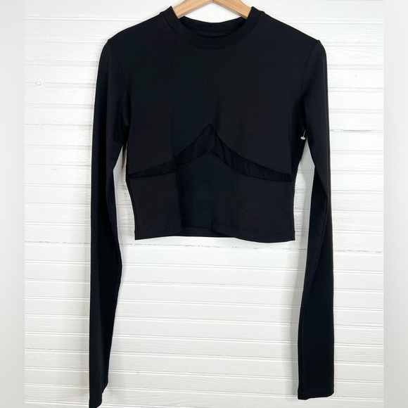 Mowalola Women's XL Black Long Sleeve Mesh Cut-Out Cropped Stretch Top Sm Flaw - Picture 10 of 12